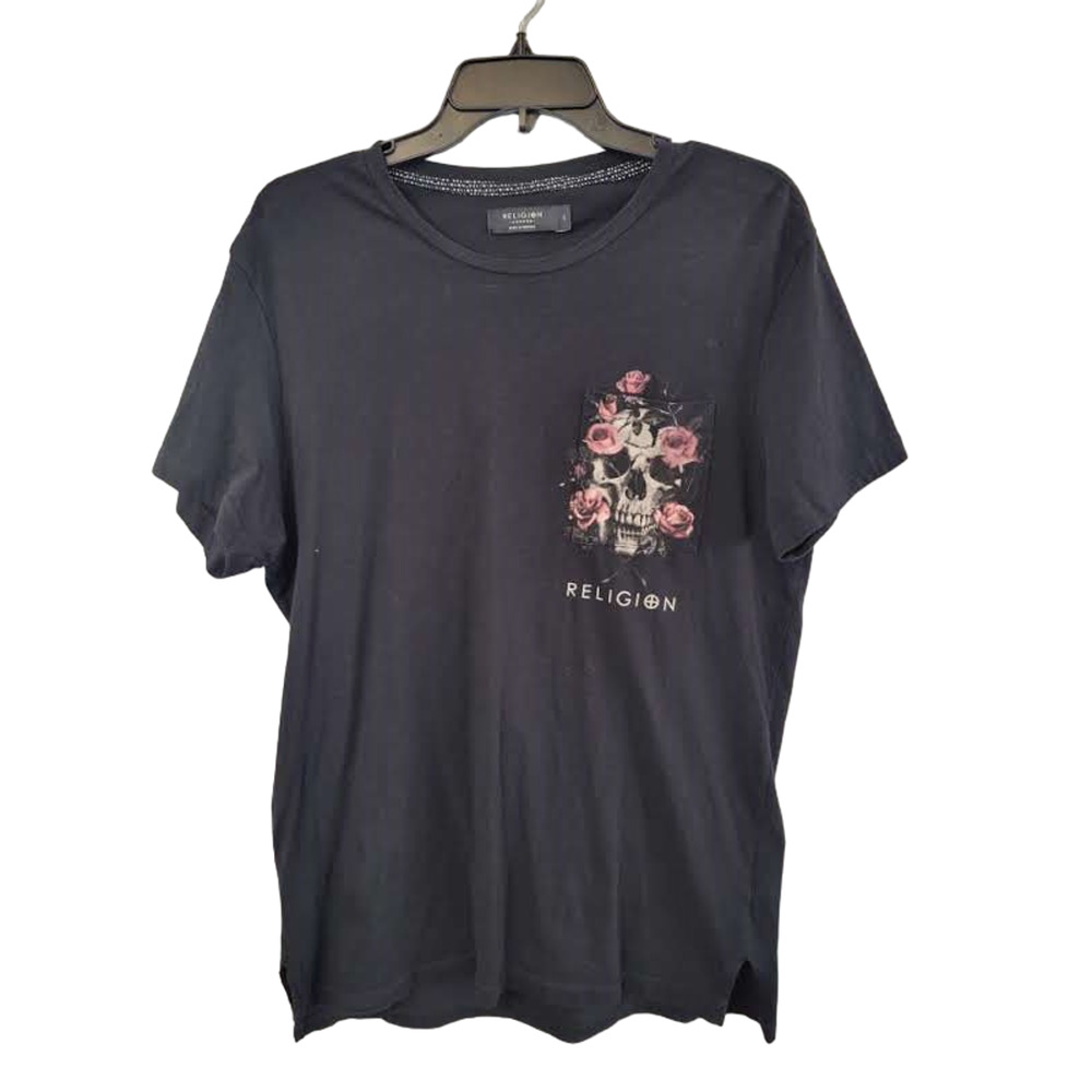 Religion London Black Rose Skull Graphic Tee Short Sleeve Men's T-shirt Size L